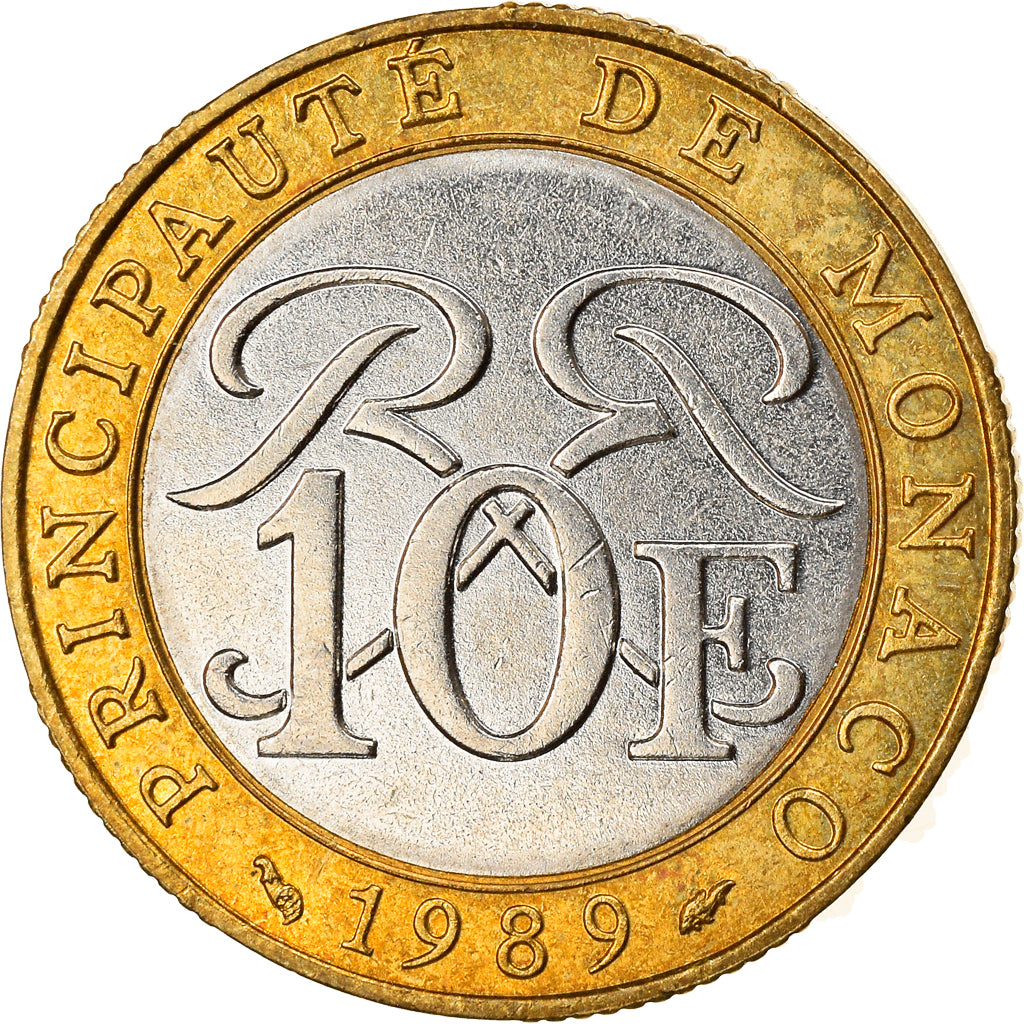 Münze, Monaco, Rainier III, 10 Francs, 1989, VZ, Bi-Metallic, KM:163