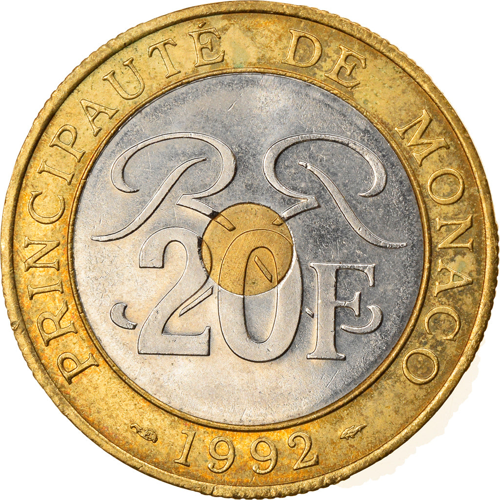 Coin, Monaco, Rainier III, 20 Francs, 1992, EF(40-45), Tri-Metallic, KM:165