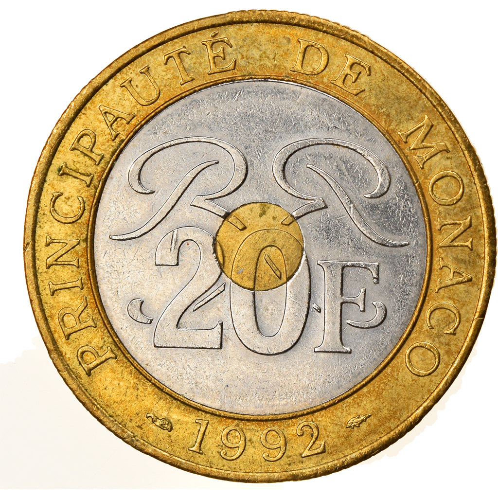 Coin, Monaco, Rainier III, 20 Francs, 1992, EF(40-45), Tri-Metallic, KM:165