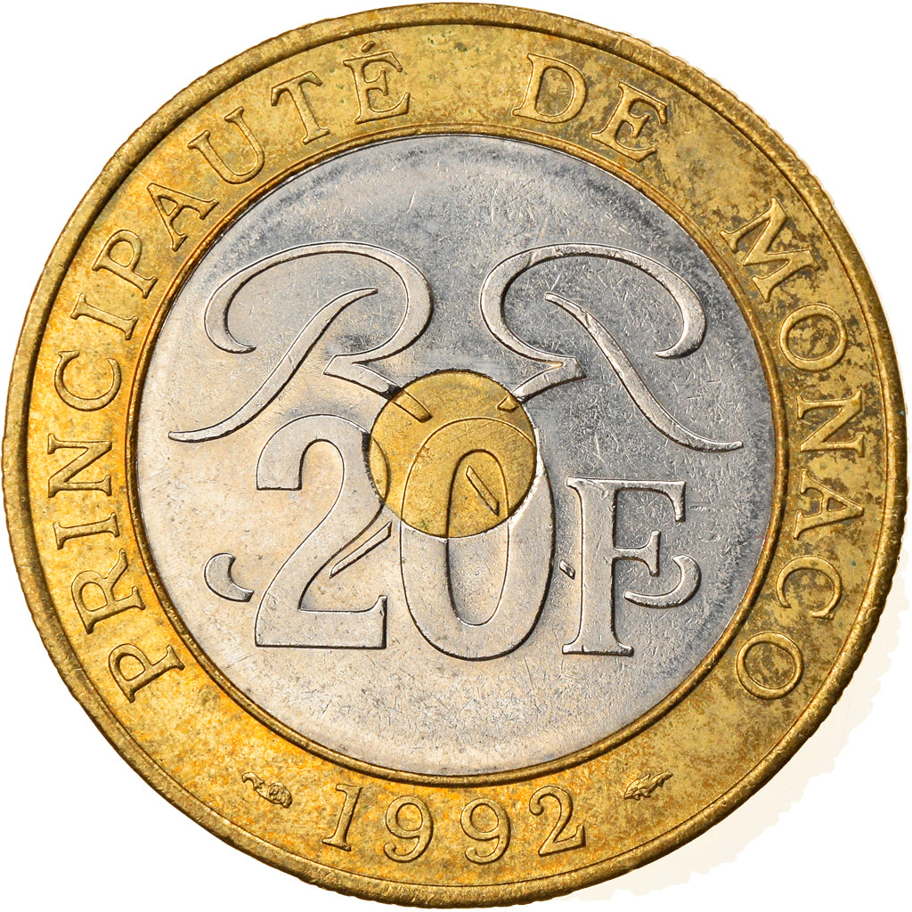 Coin, Monaco, Rainier III, 20 Francs, 1992, EF(40-45), Tri-Metallic, KM:165