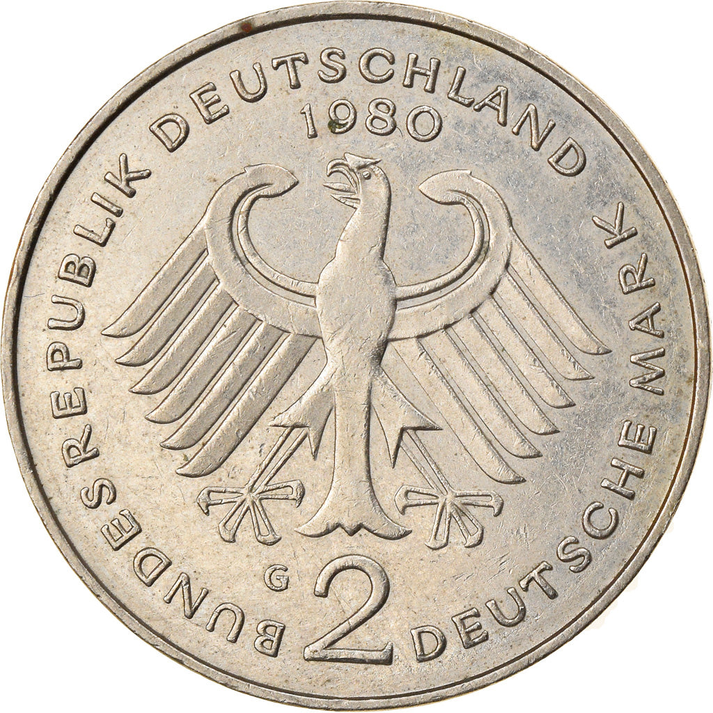 Coin, GERMANY - FEDERAL REPUBLIC, 2 Mark, 1980, Karlsruhe, EF(40-45)