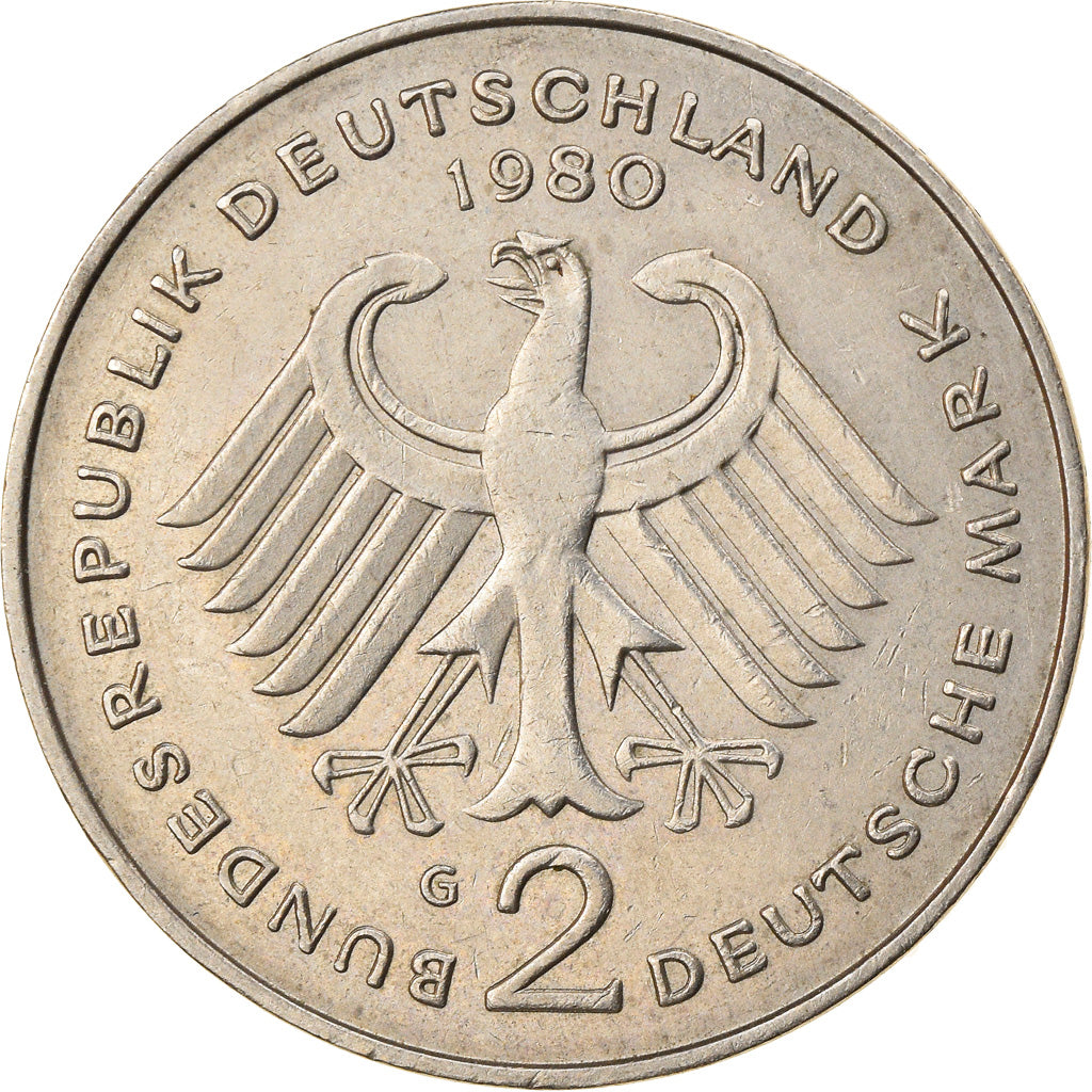 Moneta, GERMANIA - REPUBBLICA FEDERALE, 2 Mark, 1980, Karlsruhe, BB, Nichel