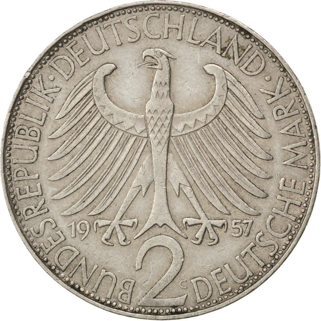 GERMANY - FEDERAL REPUBLIC, 2 Mark, 1957, Karlsruhe, KM #116, EF(40-45),...