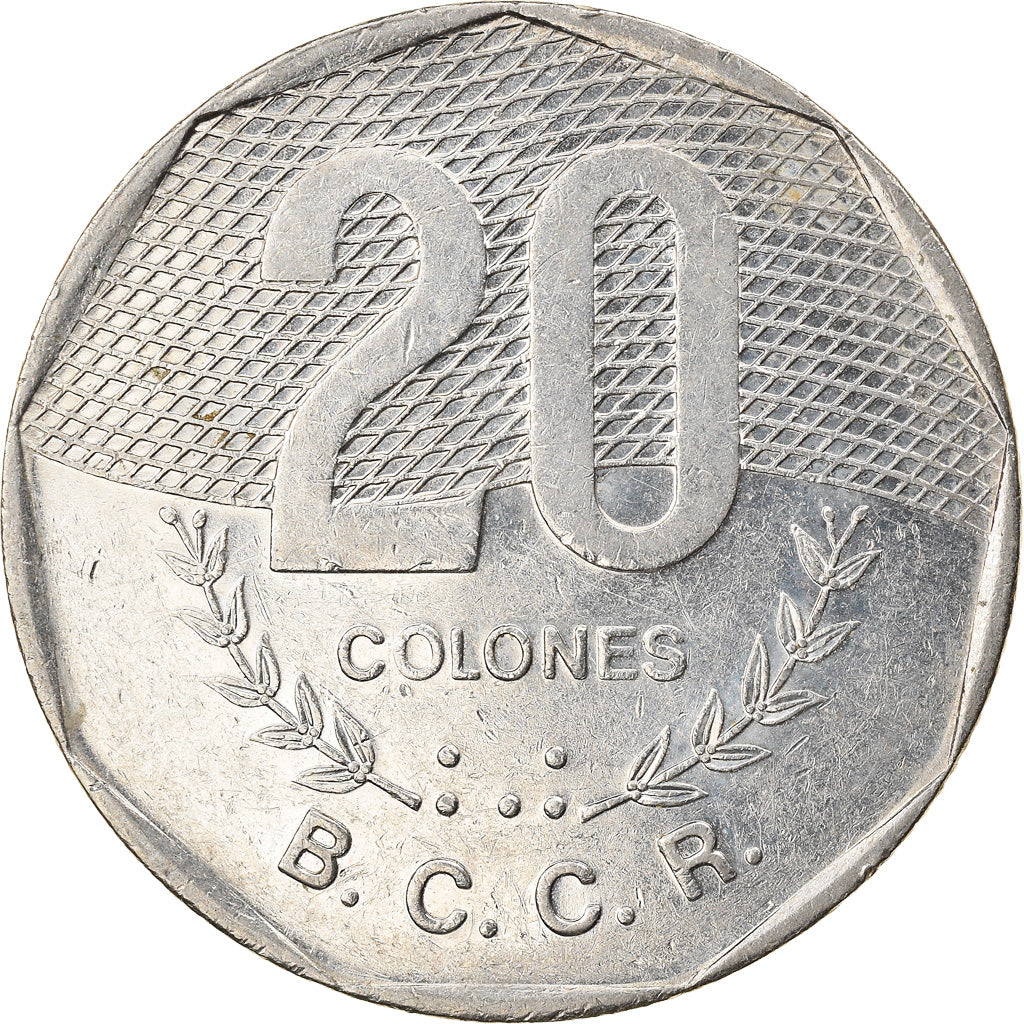 Moneda, Costa Rica, 20 Colones, 1994, MBC, Níquel chapado en acero inoxidable