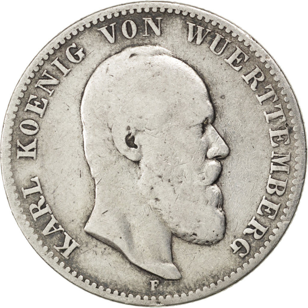 Coin, German States, WURTTEMBERG, Karl I, 2 Mark, 1876, Freudenstadt, VF(20-25)