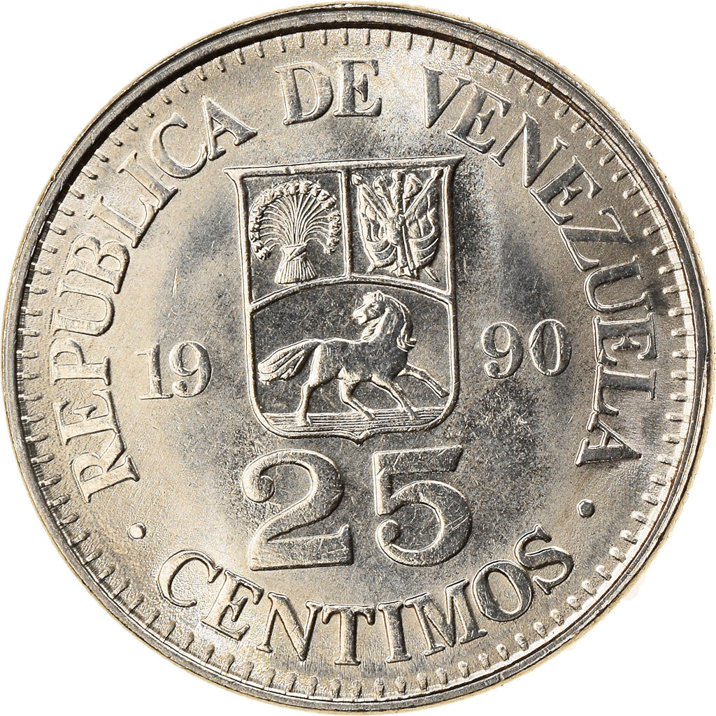 Moeda, Venezuela, 25 Centimos, 1990, MS(63), Aço Revestido a Níquel, KM:50a