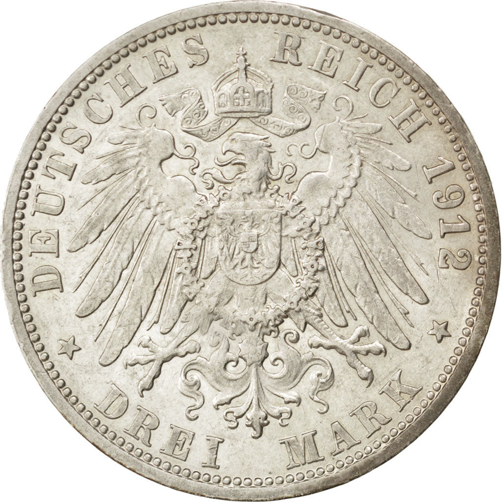 GERMAN STATES, 3 Mark, 1912, Freudenstadt, KM #635, AU(55-58), Silver, 33, 16.63