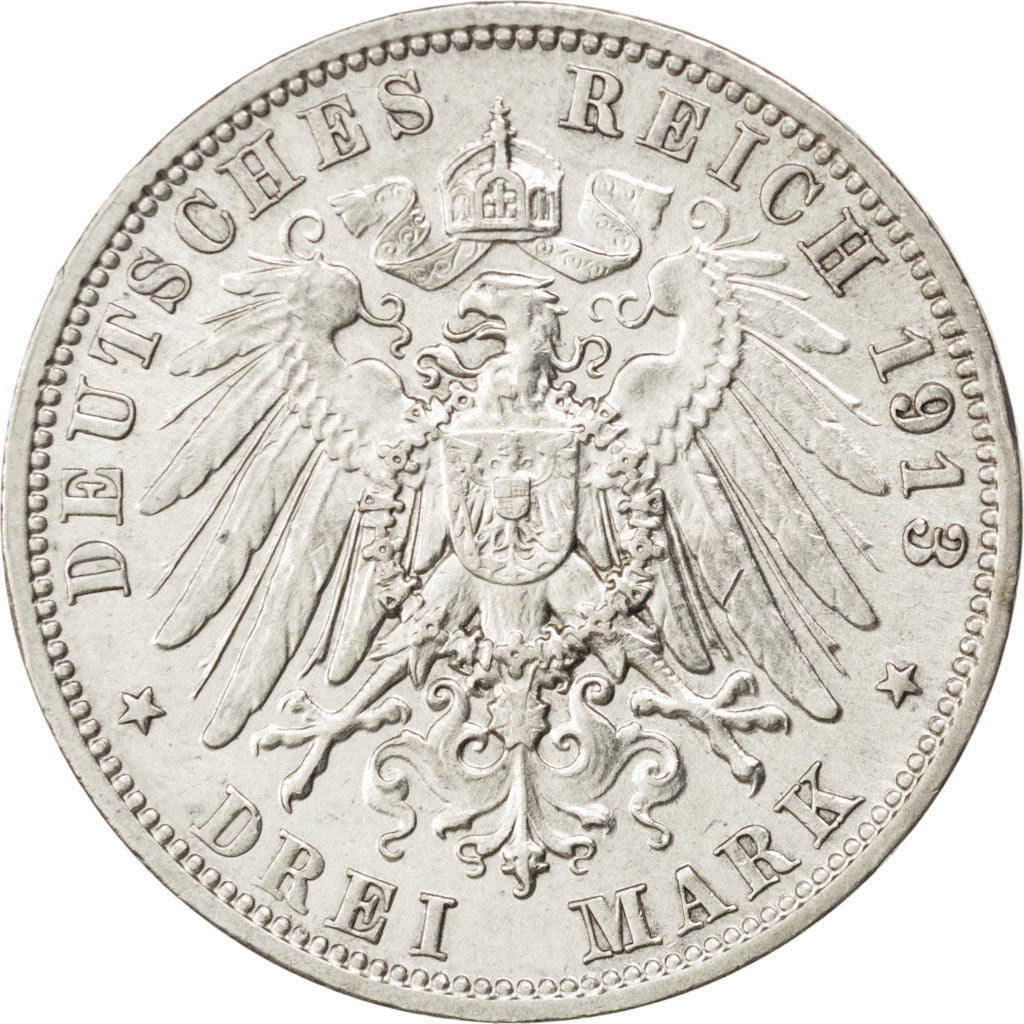 German States, 3 Mark, 1913, Muldenhütten, KM #1275, EF(40-45), Silver, 33,...