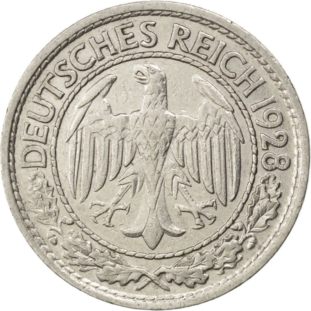 GERMANY, WEIMAR REPUBLIC, 50 Reichspfennig, 1928, Berlin, KM #49, AU(50-53),...