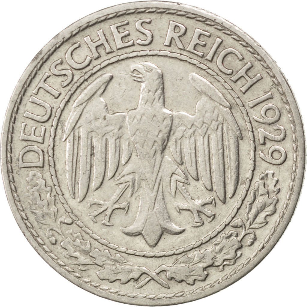 GERMANY, WEIMAR REPUBLIC, 50 Reichspfennig, 1929, Munich, KM #49, EF(40-45),...