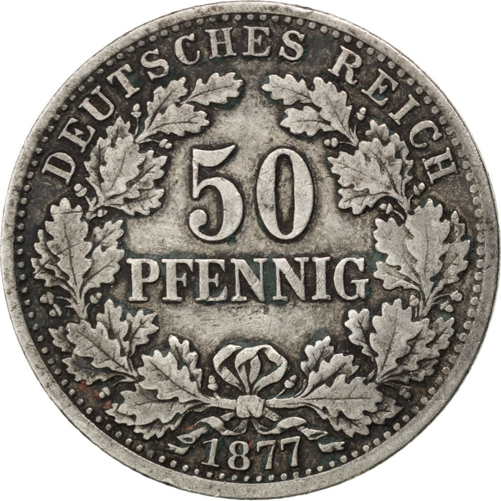 GERMANY - EMPIRE, 50 Pfennig, 1877, Munich, KM #8, EF(40-45), Silver, 2.75