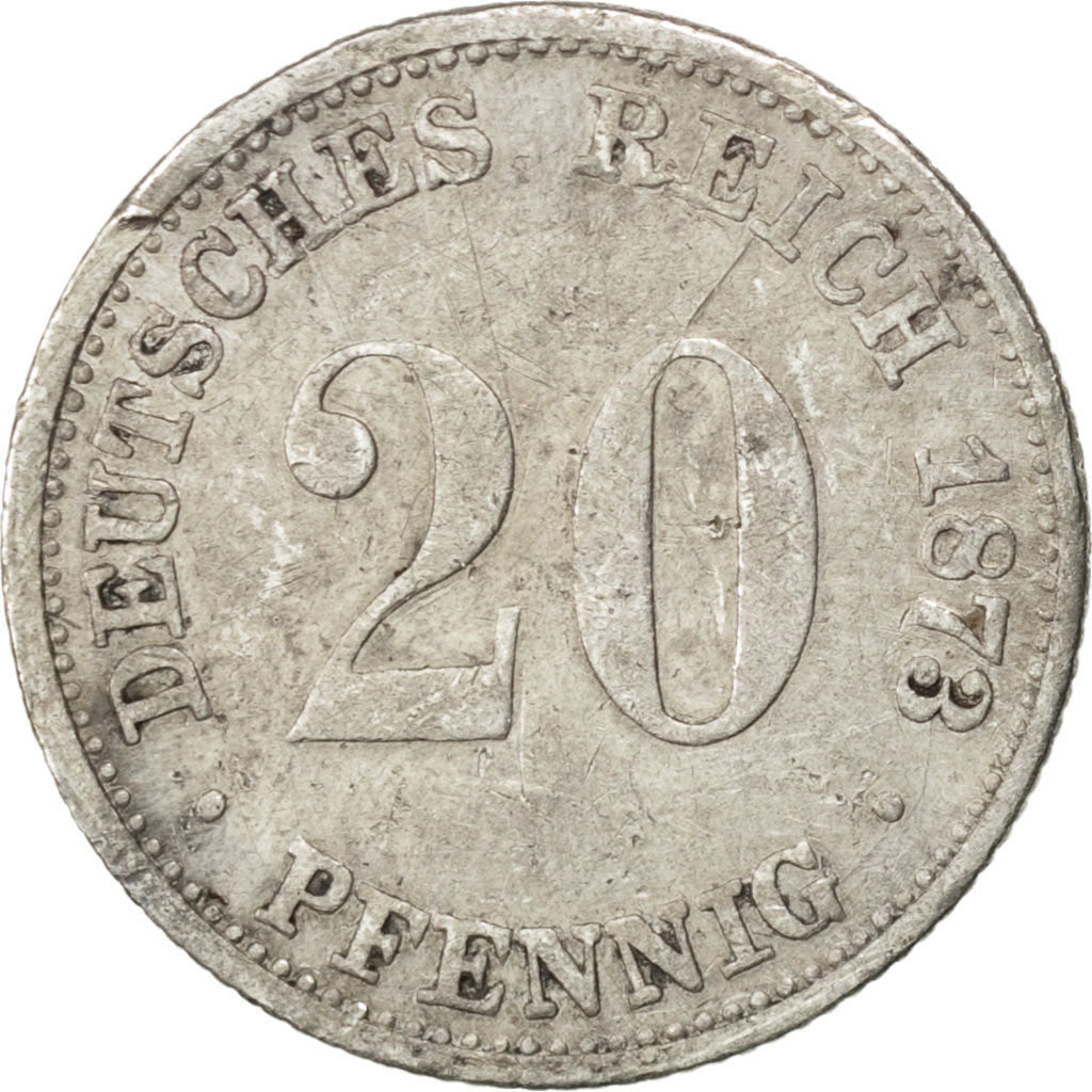 GERMANY - EMPIRE, 20 Pfennig, 1873, Karlsruhe, KM #5, VF(20-25), Silver, 1.05