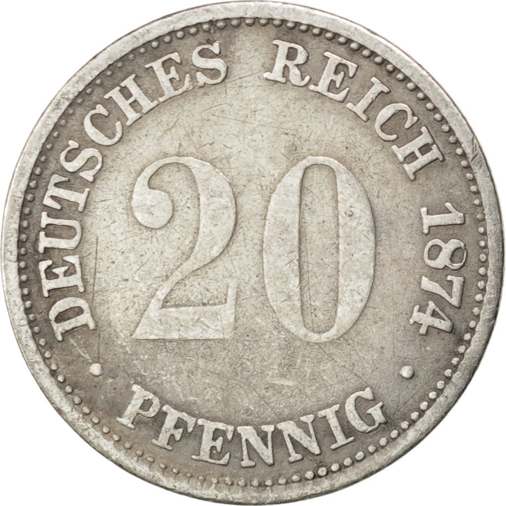 GERMANY - EMPIRE, 20 Pfennig, 1874, Berlin, KM #5, VF(20-25), Silver, 1.10
