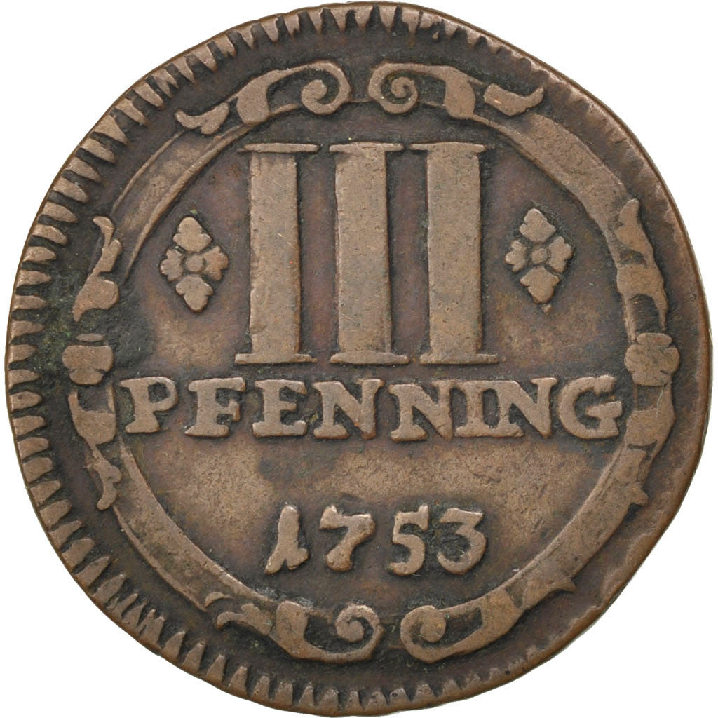GERMAN STATES, 3 Pfenning, 1753, KM #430, VF(30-35), Copper, 4.05