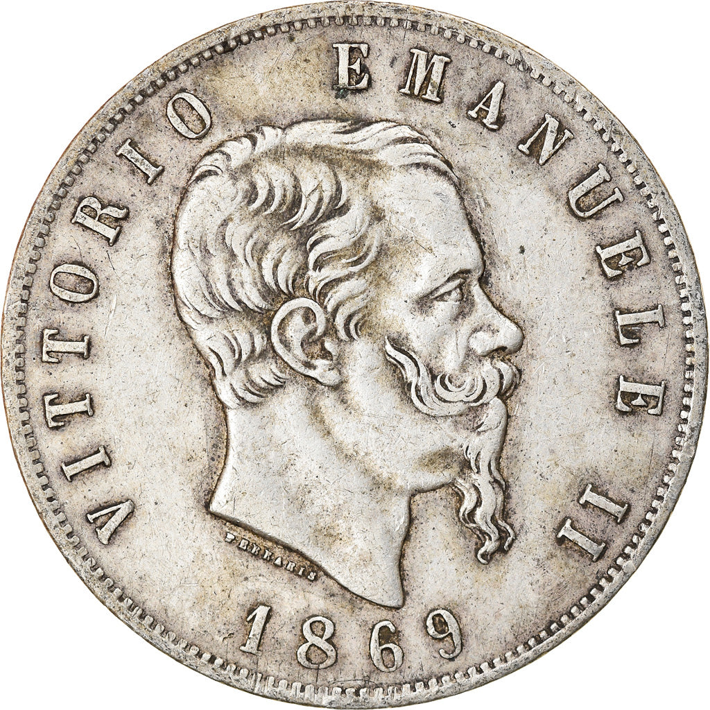 Coin, Italy, Vittorio Emanuele II, 5 Lire, 1869, Milan, EF(40-45), Silver