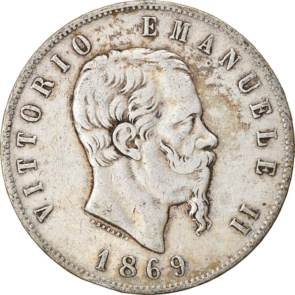 Coin, Italy, Vittorio Emanuele II, 5 Lire, 1869, Milan, EF(40-45), Silver