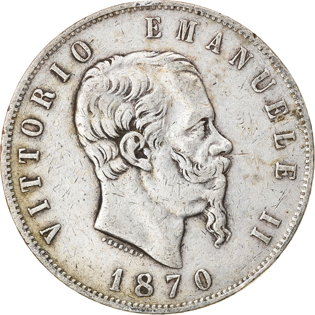 Coin, Italy, Vittorio Emanuele II, 5 Lire, 1870, Milan, EF(40-45), Silver