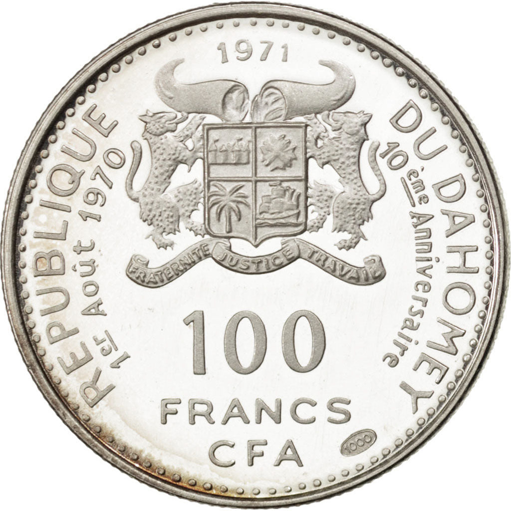 Benin, 100 Francs, 1971, KM #1.3, MS(63), Silver, 5.09