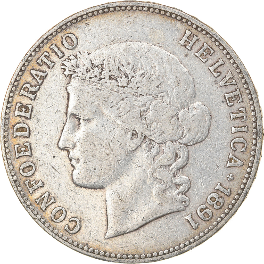 Coin, Switzerland, 5 Francs, 1891, Bern, EF(40-45), Silver, KM:34