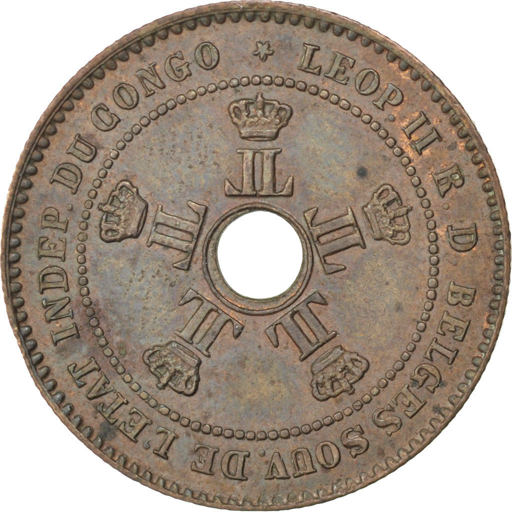 CONGO FREE STATE, 2 Centimes, 1888, KM #2, AU(55-58), Copper, 23, 4.04