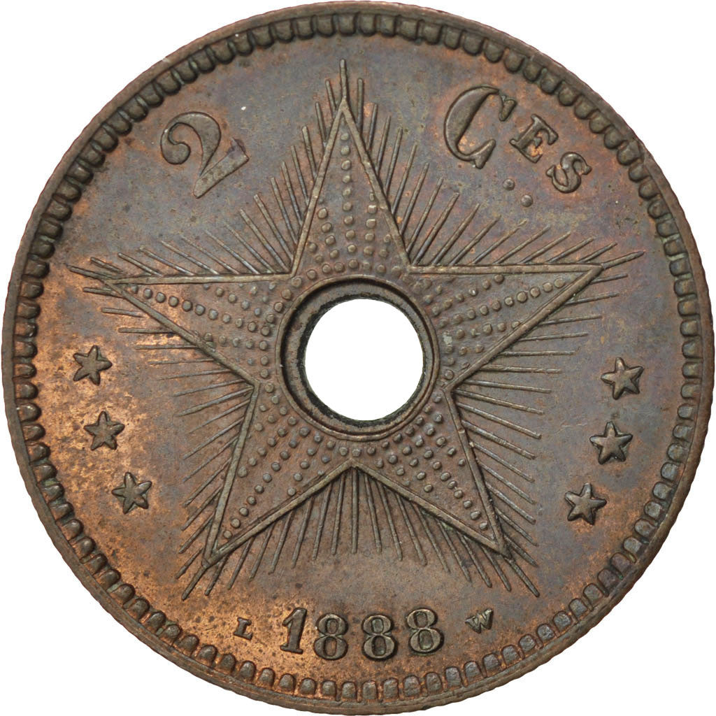 CONGO FREE STATE, 2 Centimes, 1888, KM #2, AU(55-58), Copper, 23, 4.04