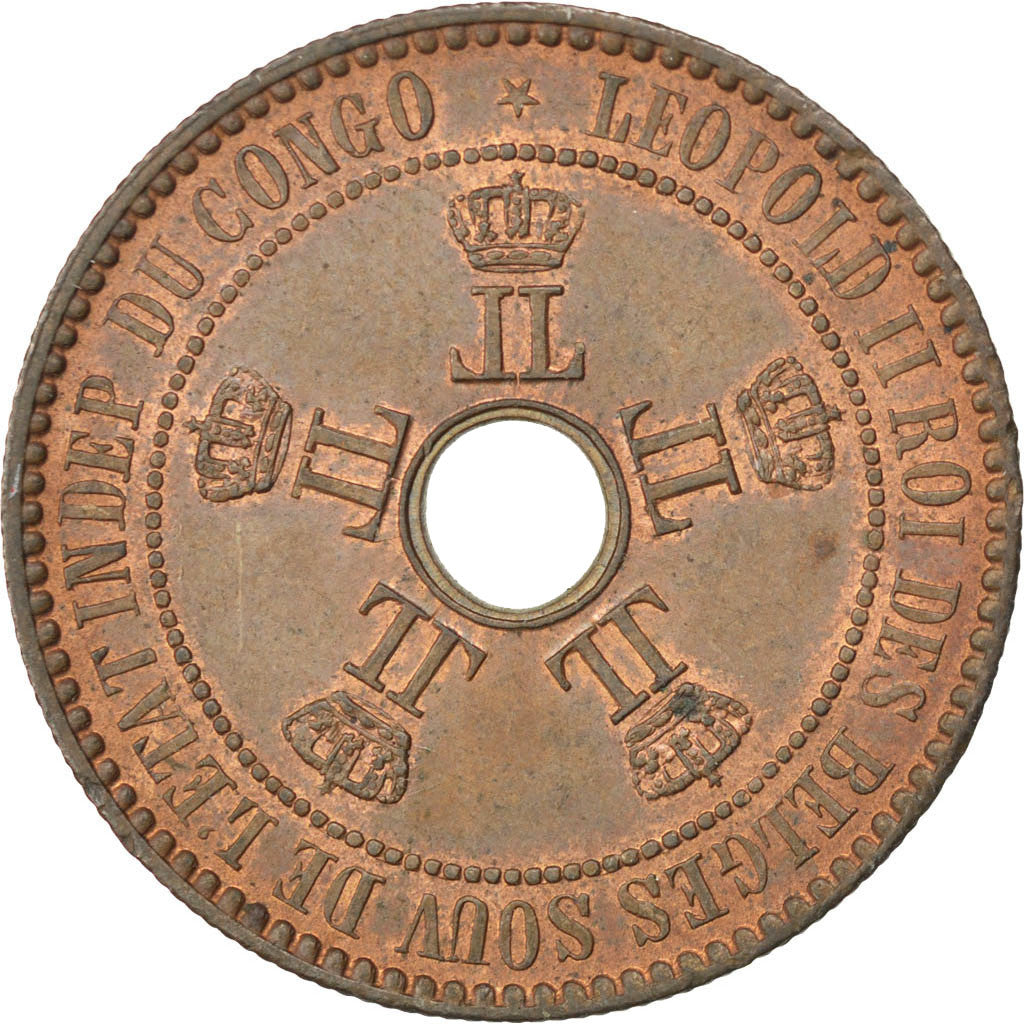 CONGO FREE STATE, 5 Centimes, 1888, KM #3, AU(55-58), Copper, 10.20