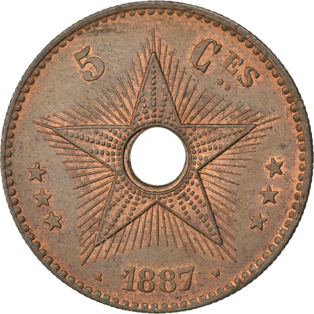 CONGO FREE STATE, 5 Centimes, 1888, KM #3, AU(55-58), Copper, 10.20