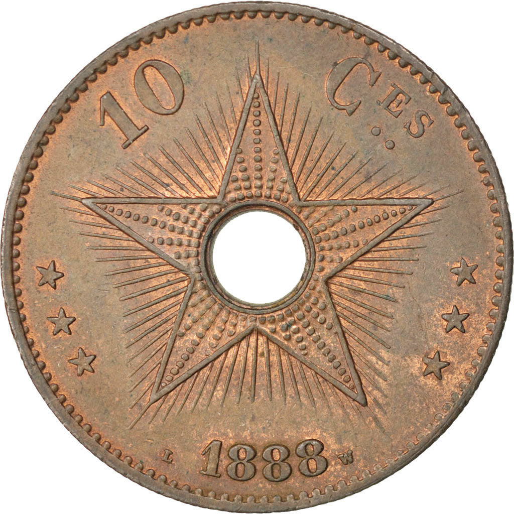 CONGO FREE STATE, 10 Centimes, 1888, KM #4, AU(55-58), Copper, 35, 20.33