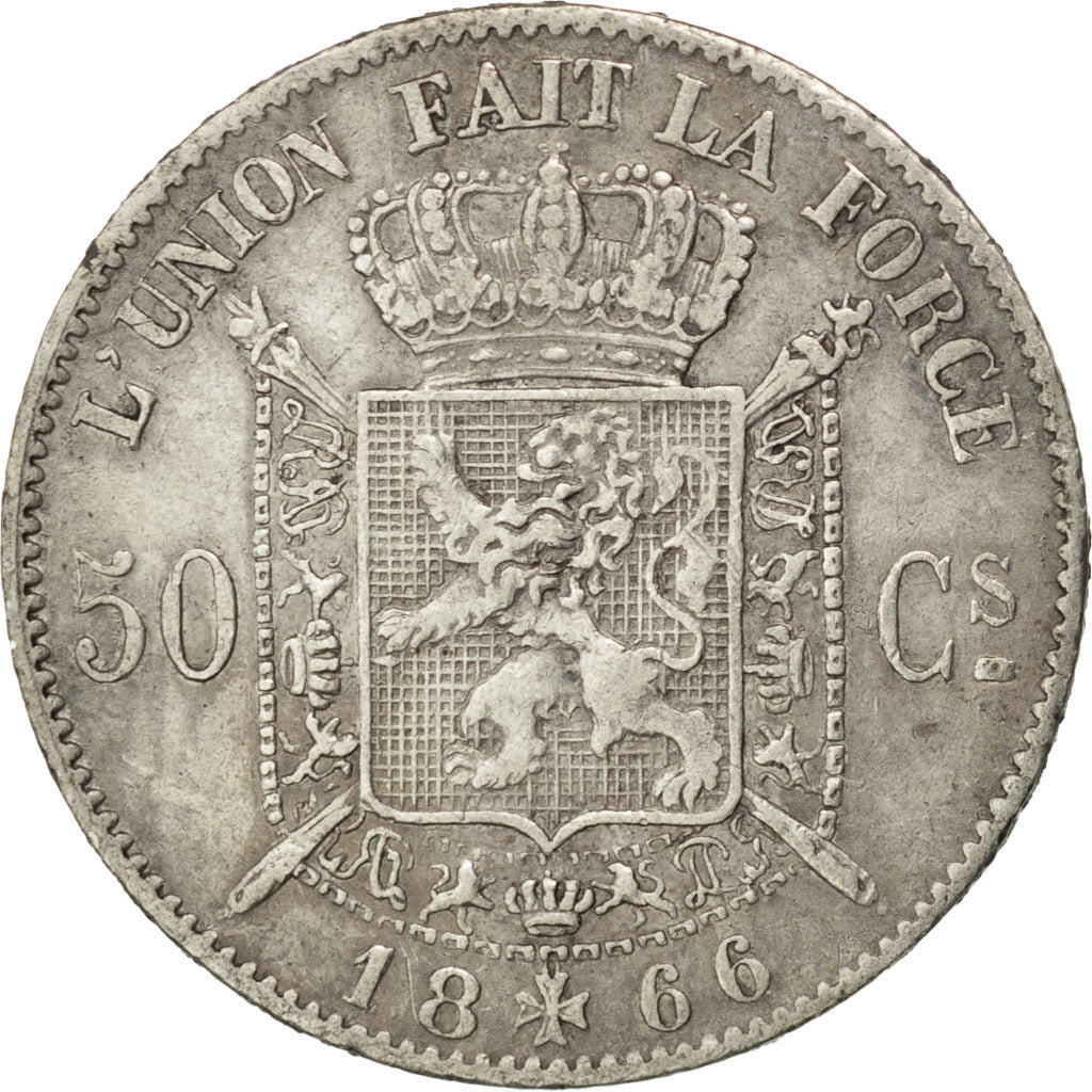 BELGIUM, 50 Centimes, 1866, KM #26, EF(40-45), Silver, 2.44