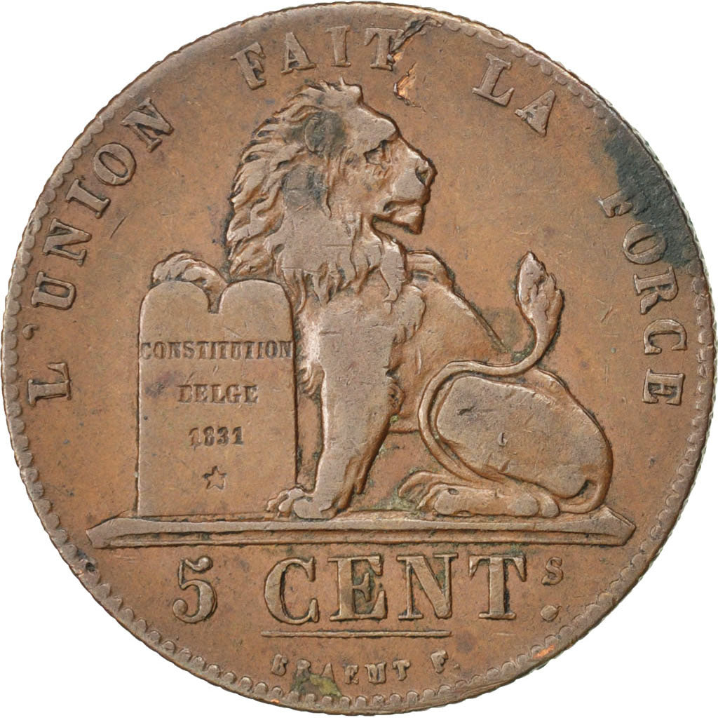 Belgio, Leopold I, 5 Centimes, 1853, MB+, Rame, KM:5.1