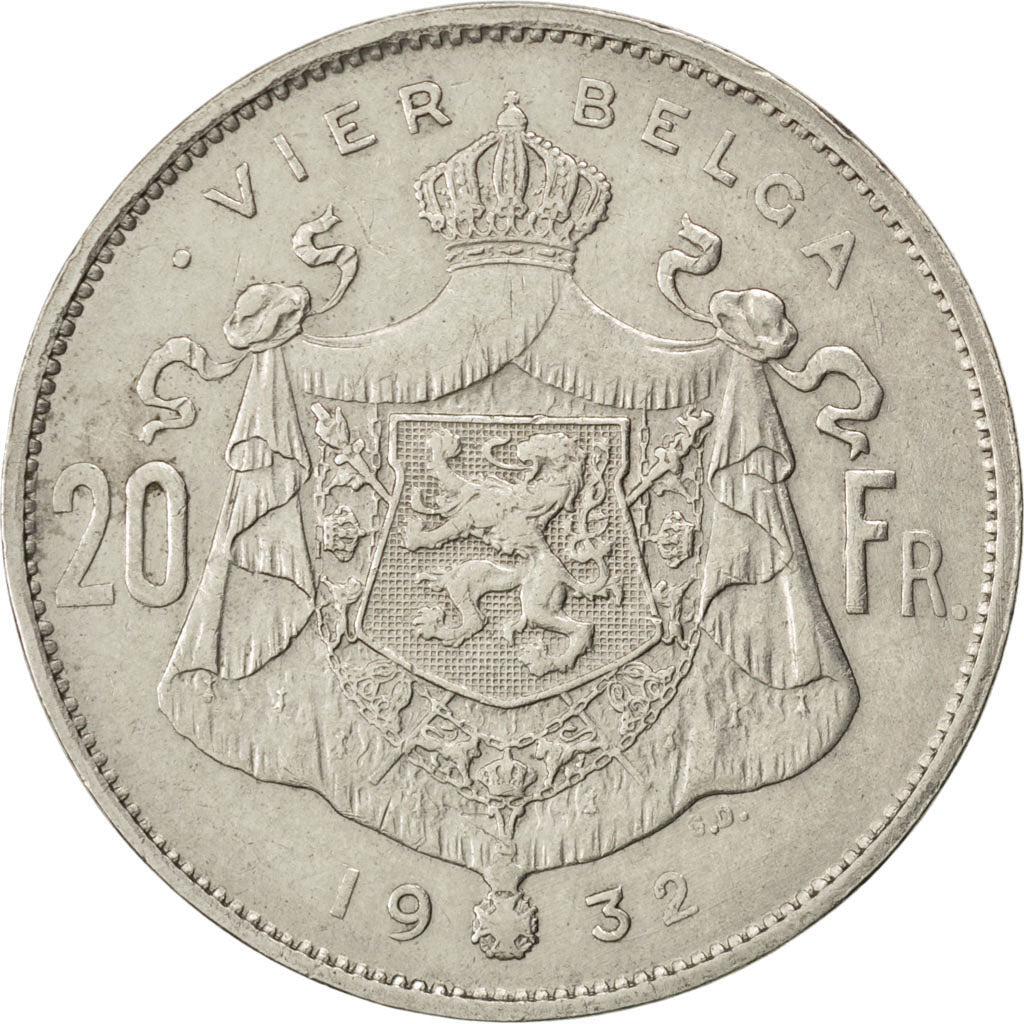 Belgio, 20 Francs, 20 Frank, 1932, BB, Nichel, KM:102