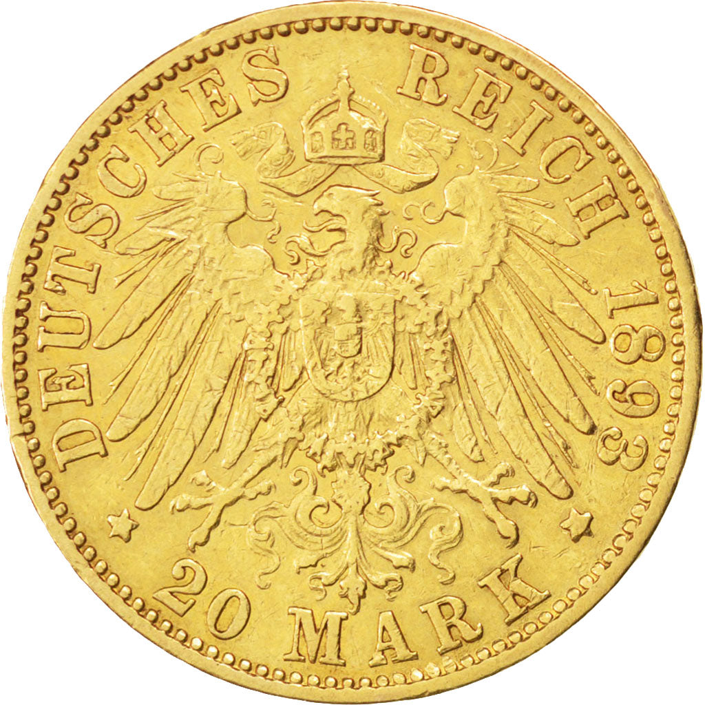 German States, 20 Mark, 1893, Hambourg, KM #618, EF(40-45), Gold, 7.92