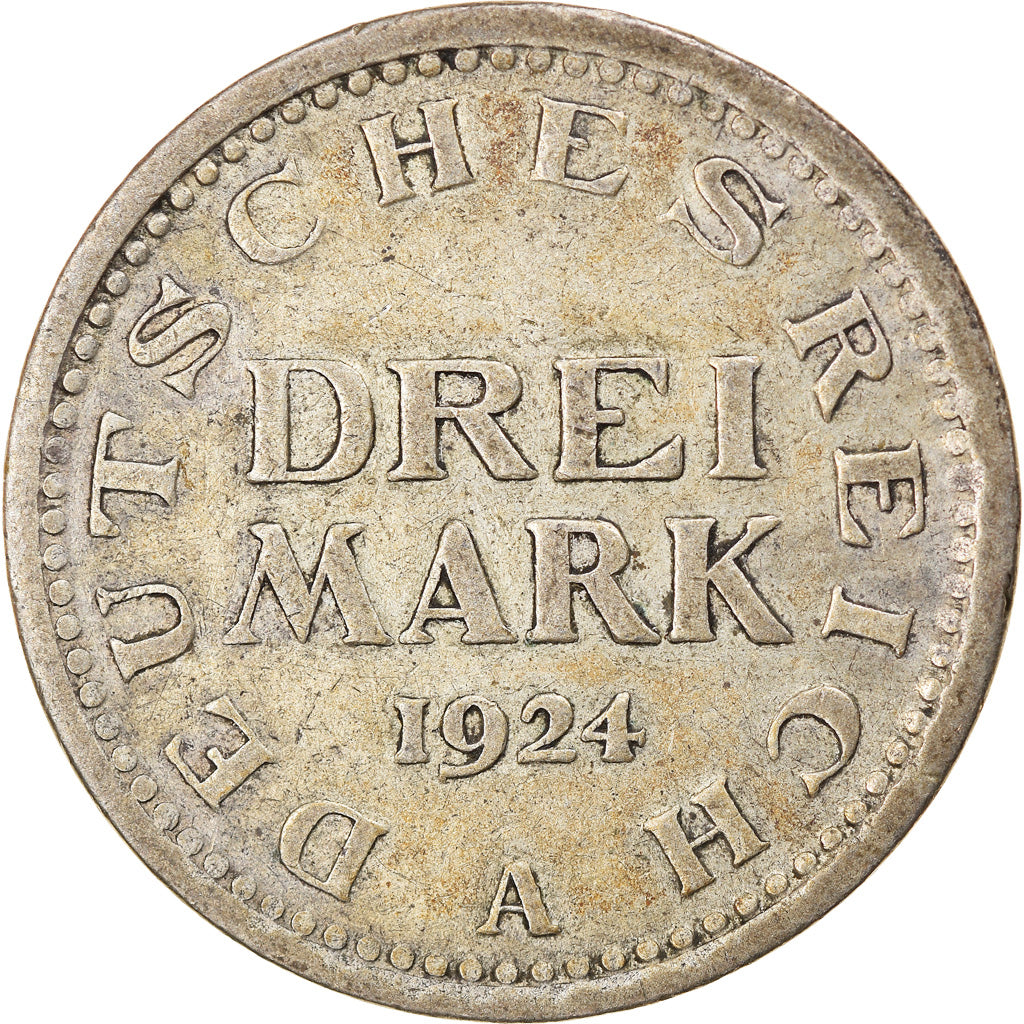 Coin, GERMANY, WEIMAR REPUBLIC, 3 Mark, 1924, Berlin, EF(40-45), Silver, KM:43