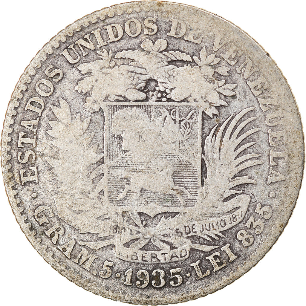 Coin, Venezuela, Gram 5, Bolivar, 1935, VF(20-25), Silver, KM:22