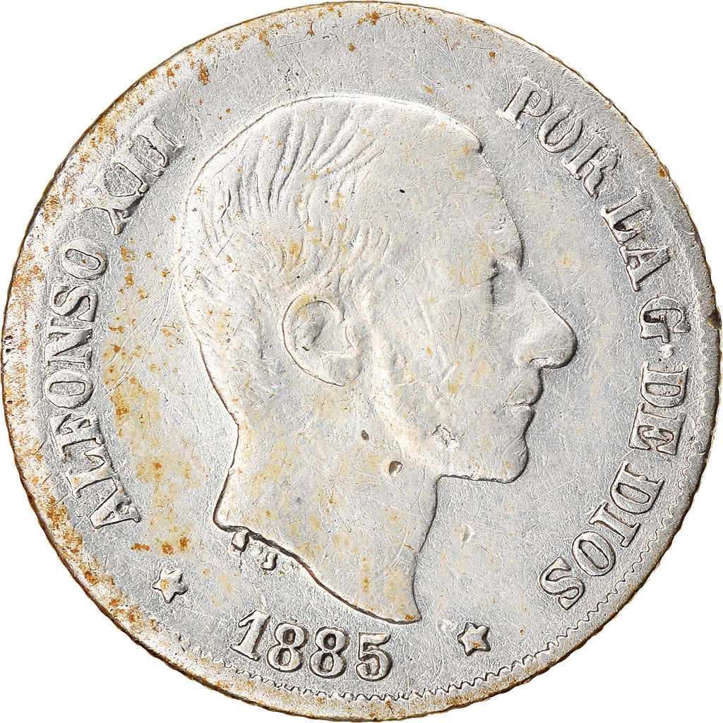 Moneta, Filipiny, 10 Centimos, 1885, AU(50-53), Srebro, KM:148