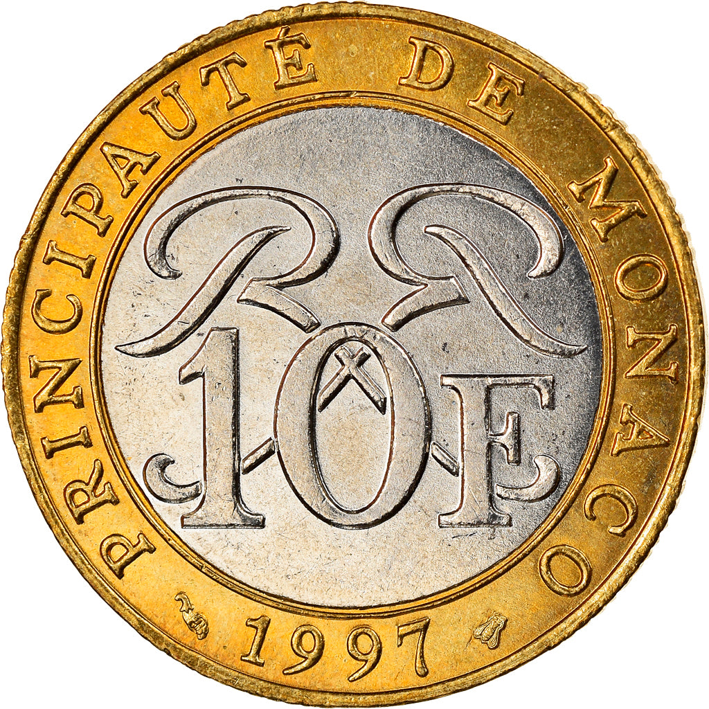 Moeda, Mónaco, Rainier III, 10 Francs, 1997, AU(55-58), Bimetálico, KM:163