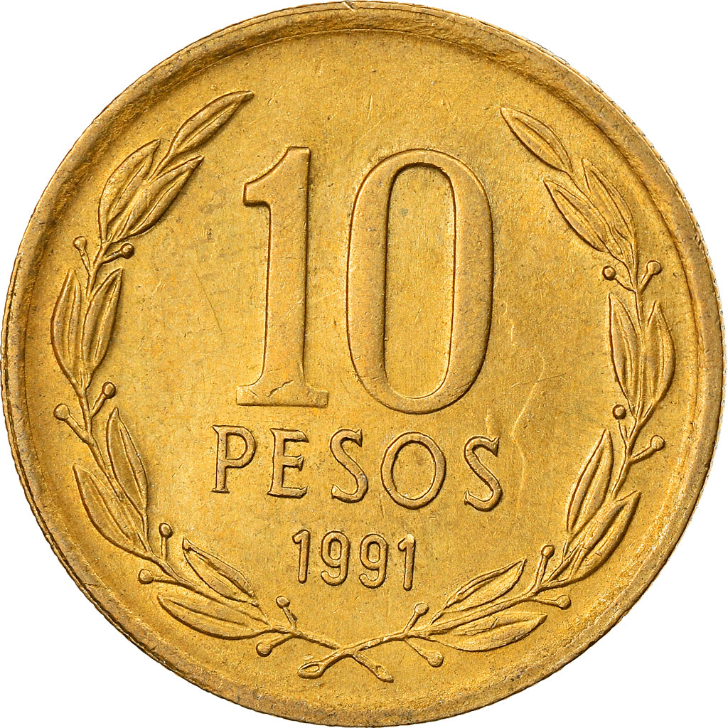 Moneda, Chile, 10 Pesos, 1991, Santiago, MBC, Aluminio - bronce, KM:228.2