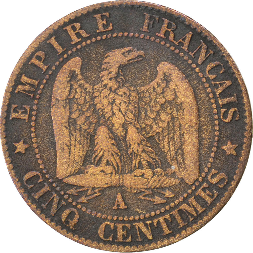 FRANCE, Napoléon III, 5 Centimes, 1856, Paris, KM #777.1, VF(20-25), Bronze, 2..
