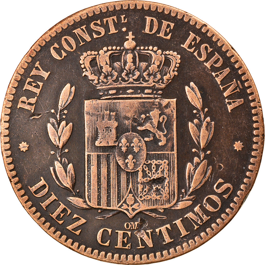 Coin, Spain, Alfonso XII, 10 Centimos, 1877, EF(40-45), Bronze, KM:675