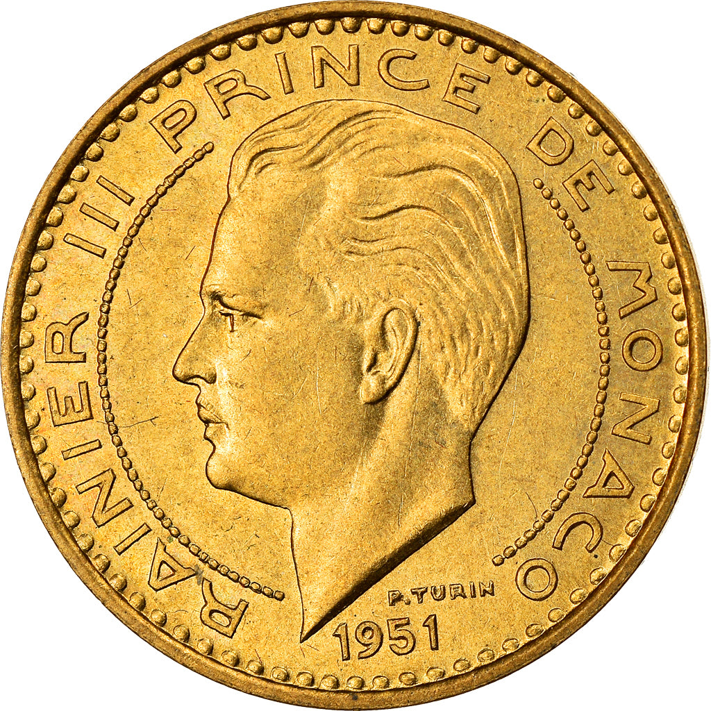 Coin, Monaco, Rainier III, 20 Francs, Vingt, 1951, AU(55-58), Aluminum-Bronze