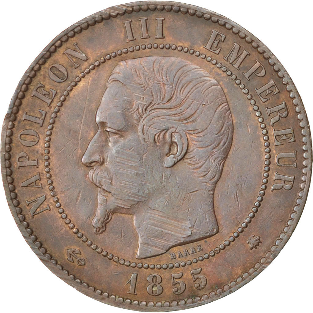 FRANCE, Napoléon III, 10 Centimes, 1855, Strasbourg, KM #771.3, VF(30-35), B...