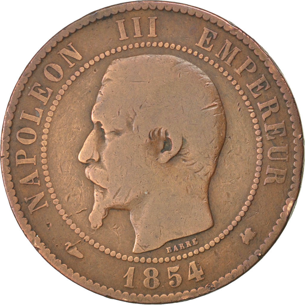FRANCE, Napoléon III, 10 Centimes, 1854, Bordeaux, KM #771.5, F(12-15), Bronze, 