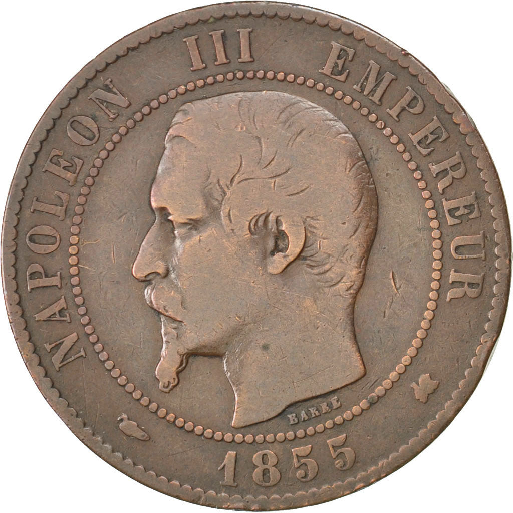 FRANCE, Napoléon III, 10 Centimes, 1855, Bordeaux, KM #771.5, VF(20-25), Bronze,
