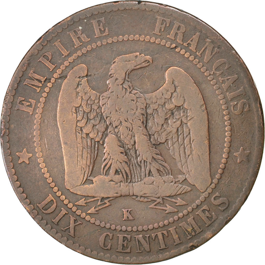 FRANCE, Napoléon III, 10 Centimes, 1855, Bordeaux, KM #771.5, VF(20-25), Bronze,