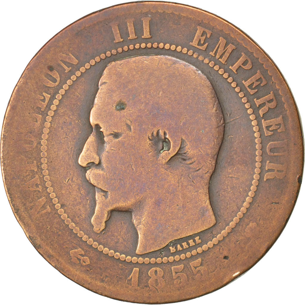 FRANCE, Napoléon III, 10 Centimes, 1855, Marseille, KM #771.6, VG(8-10), Bronze,