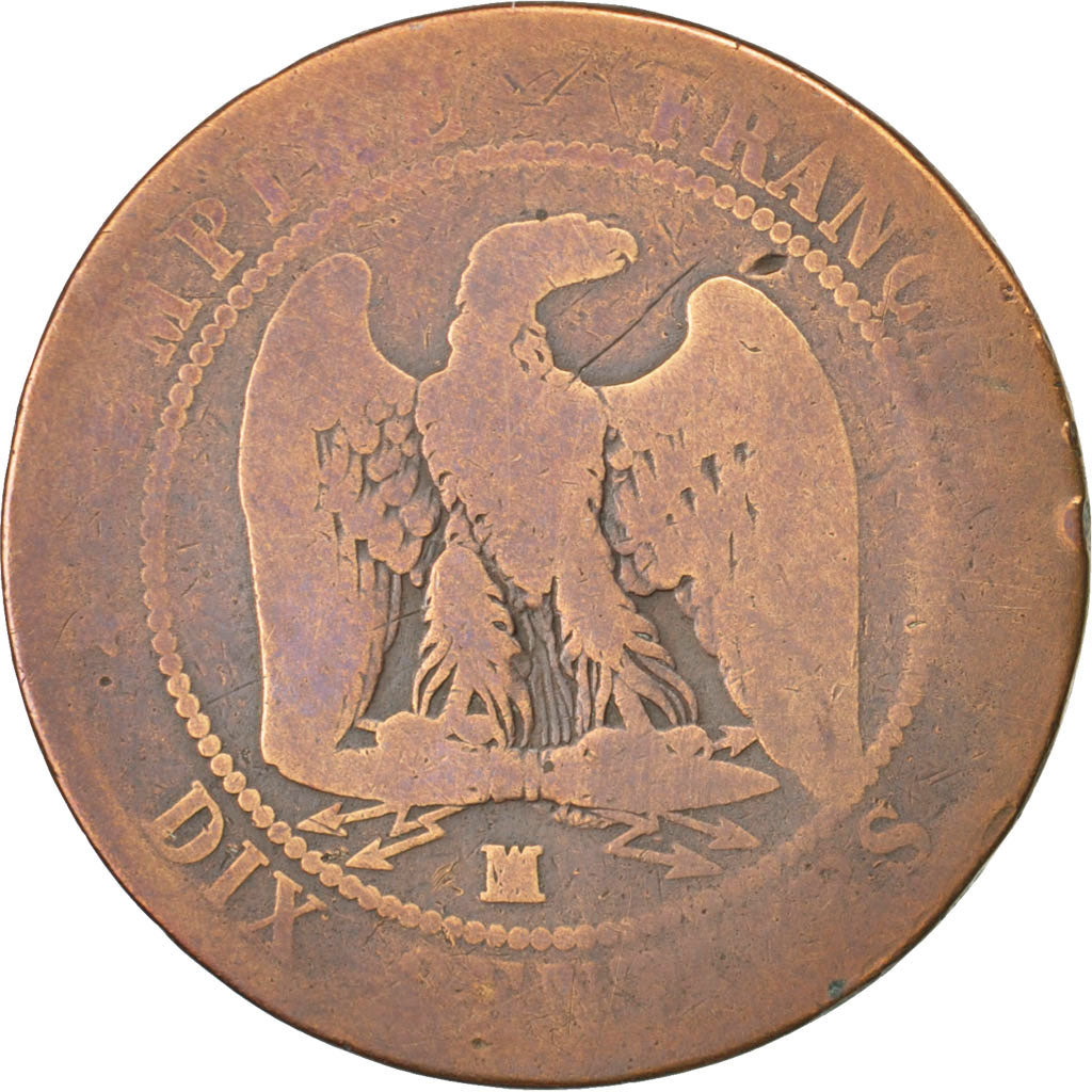 FRANCE, Napoléon III, 10 Centimes, 1855, Marseille, KM #771.6, VG(8-10), Bronze,