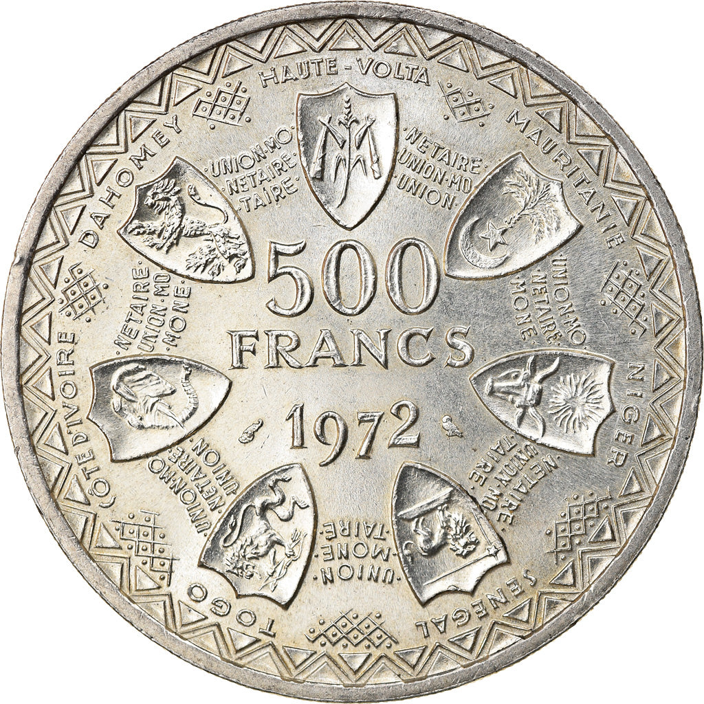 Coin, West African States, 500 Francs, 1972, MS(63), Silver, KM:7