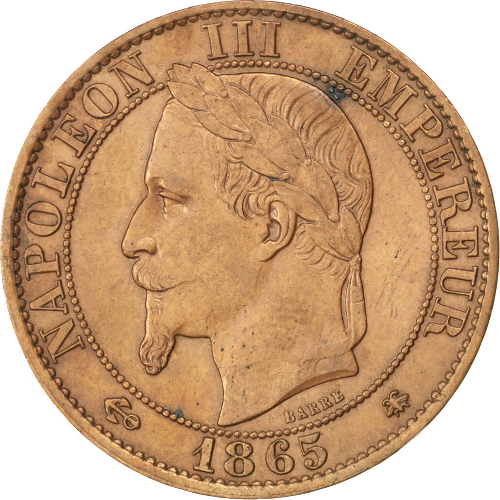 FRANCE, Napoléon III, 5 Centimes, 1865, Paris, KM #797.1, AU(50-53), Bronze, G..