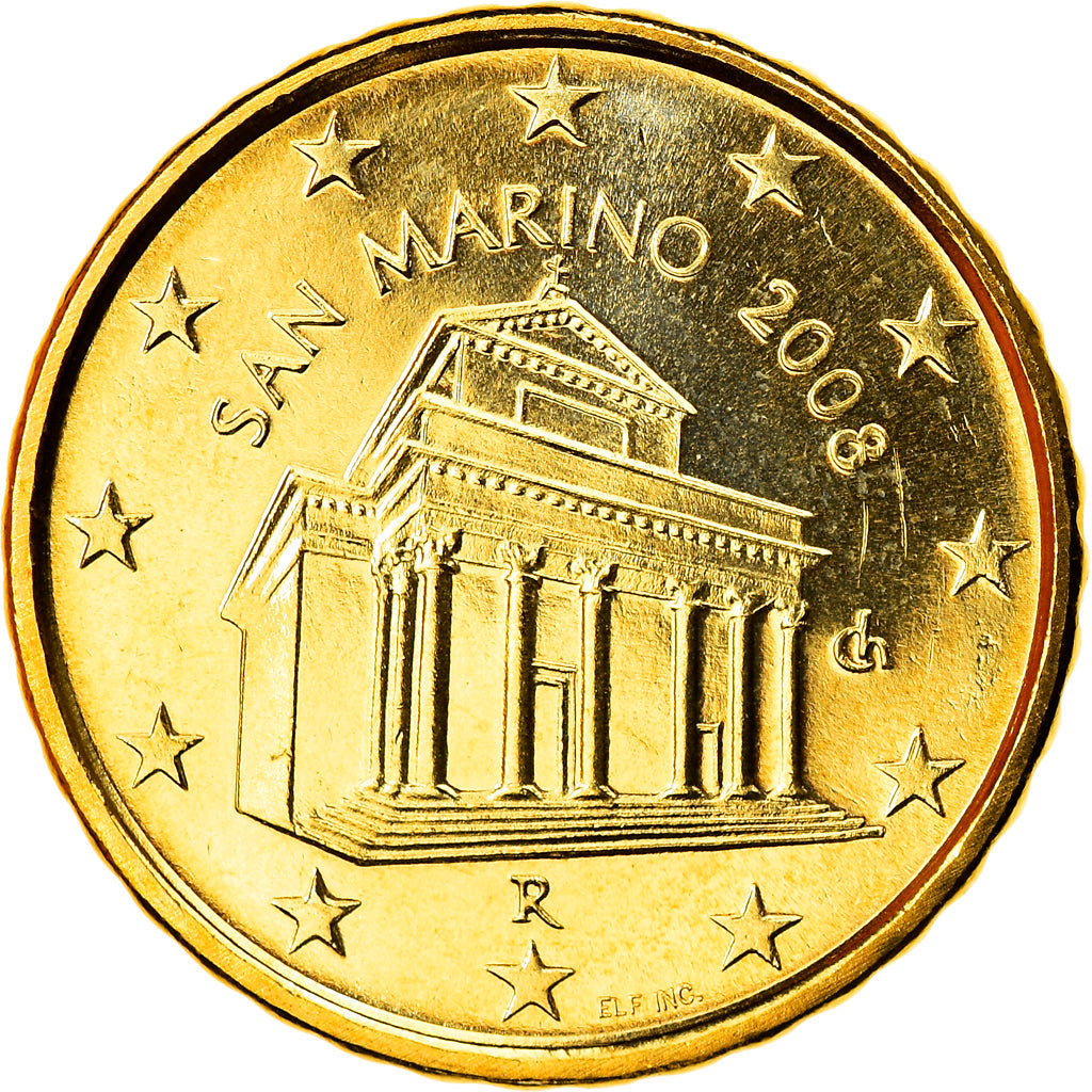San Marino, 10 Euro Cent, 2008, Rome, MS(65-70), Brass, KM:482
