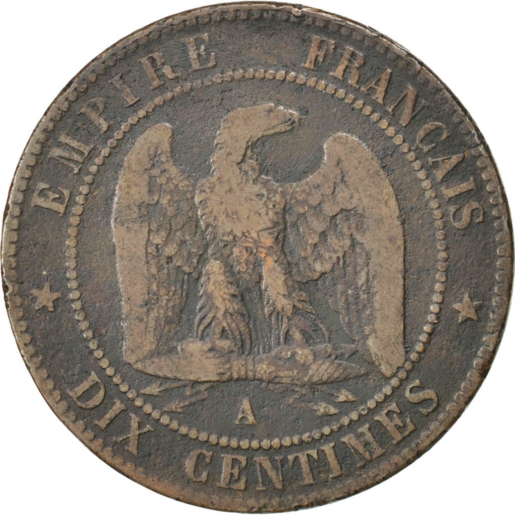 FRANCE, Napoléon III, 10 Centimes, 1862, Paris, KM #798.1, VF(20-25), Bronze, G.